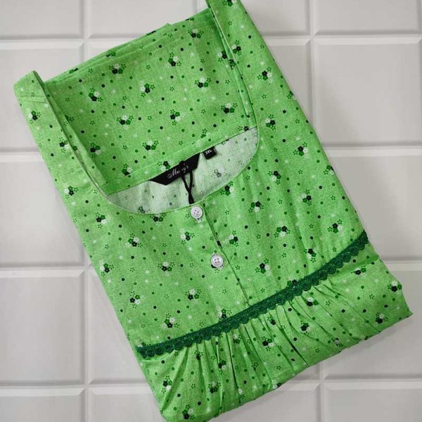 Comfortable Front Open Cotton Nighty With Buttons- 57 inches long - Green