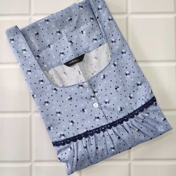 Comfortable Front Open Cotton Nighty With Buttons- 57 inches long - Blue