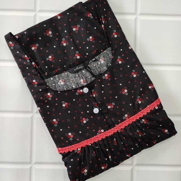 Comfortable Front Open Cotton Nighty With Buttons- 57 inches long - Black