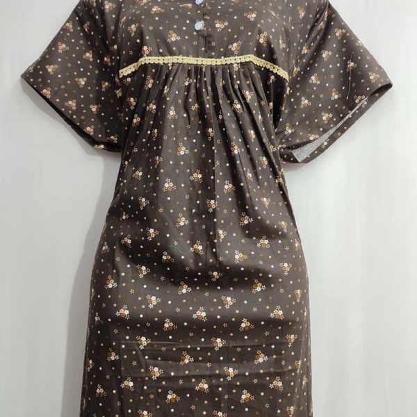 Comfortable Front Open Cotton Nighty With Buttons- 57 inches long - Brown