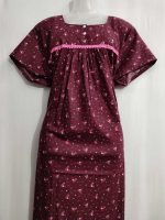 Comfortable Front Open Cotton Nighty With Buttons- 57 inches long - Maroon - Image 2