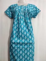 Front Open Cotton Nighty With Buttons, 55 Inches Long - Blue - Image 2