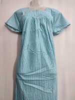 Front Open Cotton Nighty With Buttons, 55 Inches Long - Blue - Image 2
