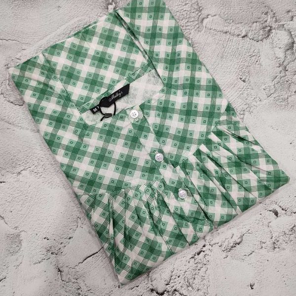Front Open Cotton Nighty With Buttons, 55 Inches Long - Green