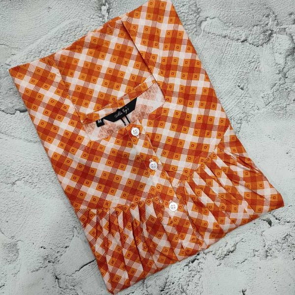 Front Open Cotton Nighty With Buttons, 55 Inches Long - Light Orange