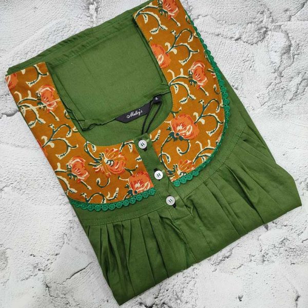Front Open Cotton Nighty With Buttons, 55 Inches Long - Green