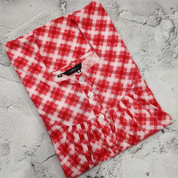 Front Open Cotton Nighty With Buttons, 55 Inches Long - Red