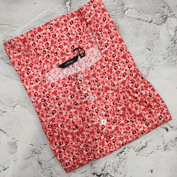 Front Open Cotton Nighty With Buttons, 55 Inches Long - Peach