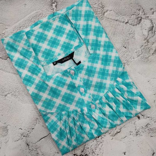 Front Open Cotton Nighty With Buttons, 55 Inches Long - Blue
