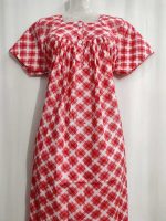 Front Open Cotton Nighty With Buttons, 55 Inches Long - Red - Image 2