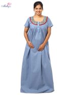 Front Open Poplin Cotton Nighty With Buttons, 55 Inches Long -  Ash Grey - Image 3