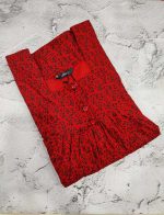 Front Open Cotton Nighty With Buttons, 55 Inches Long - Red