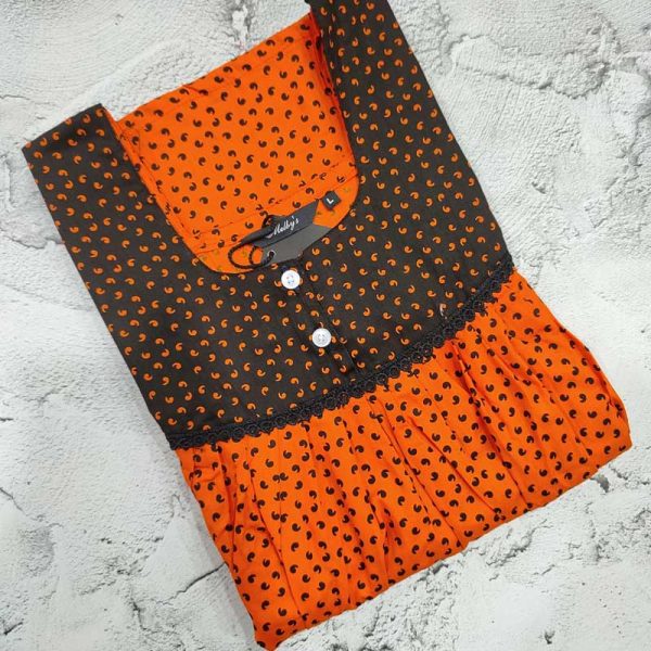 Front Open Cotton Nighty With Buttons, 55 Inches Long - Orange
