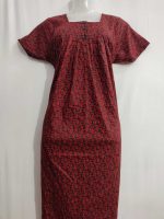 Front Open Cotton Nighty With Buttons, 55 Inches Long - Red - Image 2