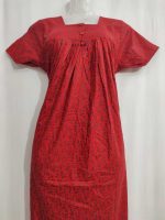 Front Open Cotton Nighty With Buttons, 55 Inches Long - Red - Image 2