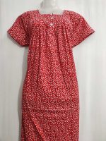 Front Open Cotton Nighty With Buttons, 55 Inches Long - Red - Image 2