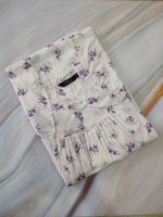Traditional cotton nighty, 55 Inches Long- White + Violet