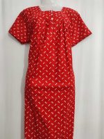 Front Open Cotton Nighty With Buttons, 55 Inches Long - Red - Image 2