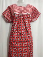 Comfortable Front Open Cotton Nighty With Buttons- 57 inches long - Red - Image 2