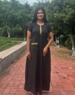 Comfortable Churidar Model Cotton Nighty With Collar - 55 Inches Long - Black - Image 4