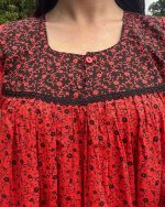 Front Open Cotton Nighty With Buttons, 55 Inches Long - Red - Image 2