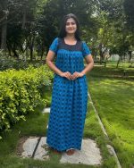 Front Open Cotton Nighty With Buttons, 55 Inches Long - Blue - Image 3