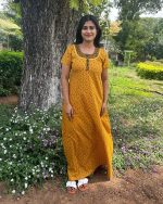 Comfortable Churidar Model Cotton Nighty - 55 Inches Long - Yellow - Image 5
