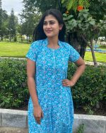 Comfortable Churidar Model Cotton Nighty With Collar - 55 Inches Long - Blue - Image 5