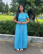 Comfortable Churidar Model Cotton Nighty With Collar - 55 Inches Long - Blue - Image 4