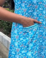 Comfortable Churidar Model Cotton Nighty With Collar - 55 Inches Long - Blue - Image 3