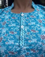 Comfortable Churidar Model Cotton Nighty With Collar - 55 Inches Long - Blue - Image 2