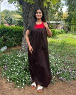 Front Open Cotton Nighty With Buttons, 55 Inches Long - Red - Image 3