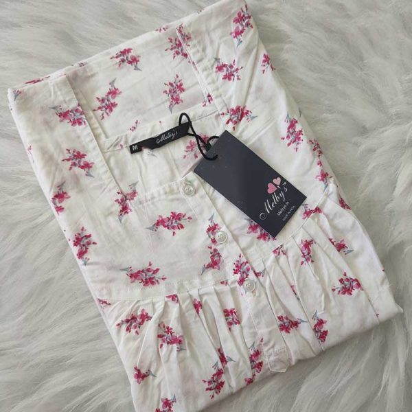 Front Open Cotton Nighty With Buttons, 55 Inches Long - White + Rose