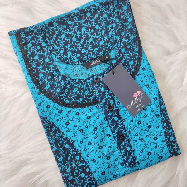 Comfortable Churidar Model Cotton Nighty - 55 Inches Long - Blue