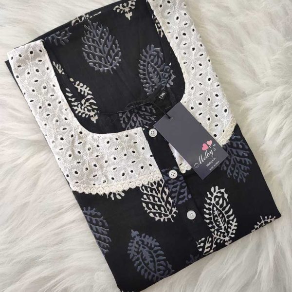 Churidar Model Cambric Cotton Nighty With Buttons -57 inches long - Black