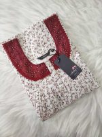 Front Open Cotton Nighty With Buttons, 55 Inches Long - White + Maroon Hakoba