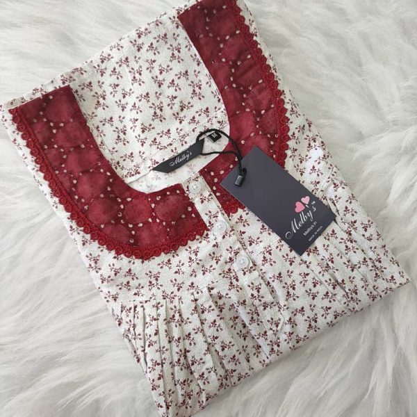 Front Open Cotton Nighty With Buttons, 55 Inches Long - White + Maroon Hakoba