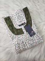 Front Open Cotton Nighty With Buttons, 55 Inches Long - White + Green Hakoba