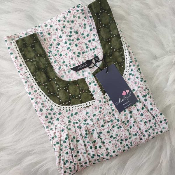 Front Open Cotton Nighty With Buttons, 55 Inches Long - White + Green Hakoba