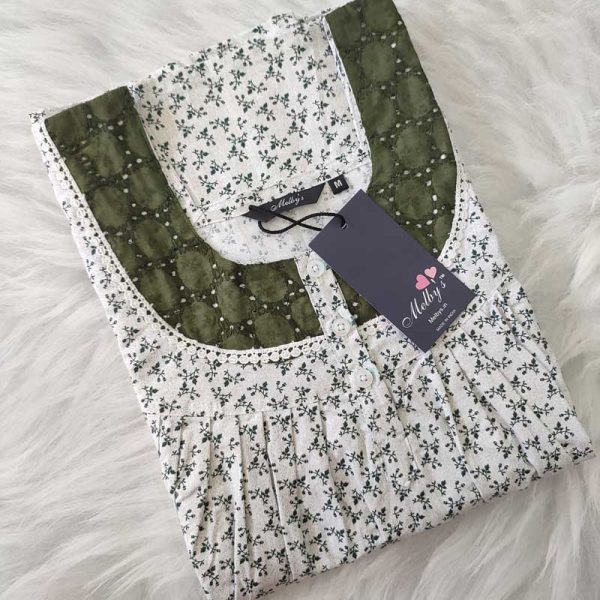 Front Open Cotton Nighty With Buttons, 55 Inches Long - White + Green Hakoba