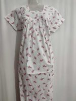 Front Open Cotton Nighty With Buttons, 55 Inches Long - White + Rose - Image 2