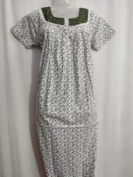 Front Open Cotton Nighty With Buttons, 55 Inches Long - White + Green Hakoba - Image 2