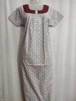 Front Open Cotton Nighty With Buttons, 55 Inches Long - White + Maroon Hakoba - Image 2