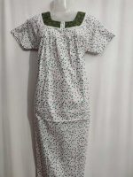 Front Open Cotton Nighty With Buttons, 55 Inches Long - White + Green Hakoba - Image 2