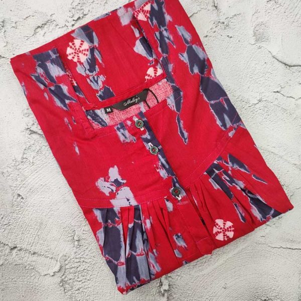 Front Open Cotton Nighty With Buttons, 55 Inches Long - Red