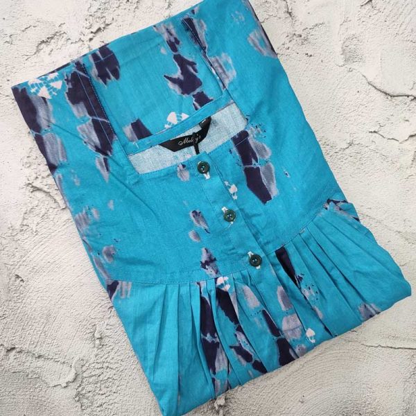 Front Open Cotton Nighty With Buttons, 55 Inches Long  - Blue