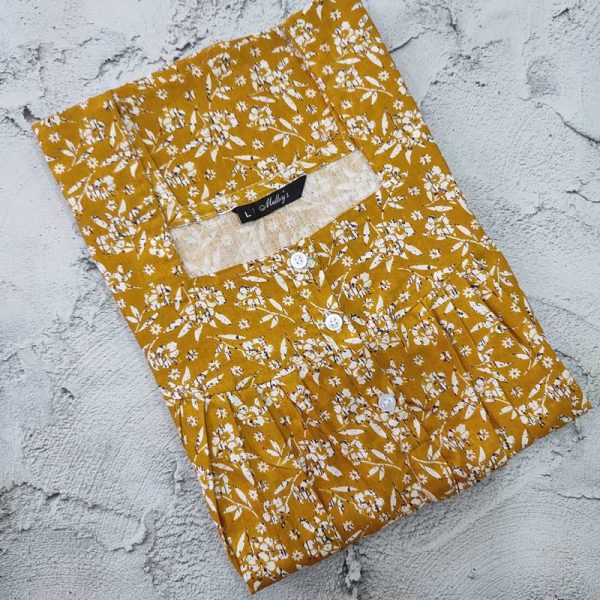 Front Open Cotton Nighty With Buttons, 55 Inches Long - Yellow