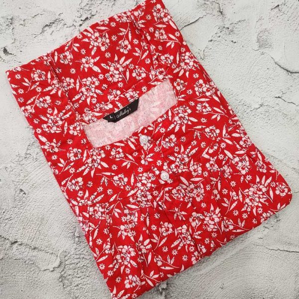 Front Open Cotton Nighty With Buttons, 55 Inches Long - Red