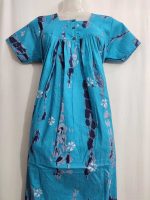 Front Open Cotton Nighty With Buttons, 55 Inches Long  - Blue - Image 2