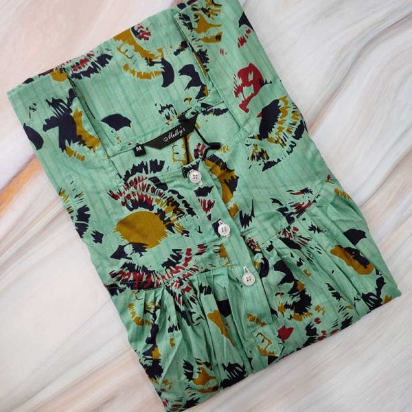 Front Open Cotton Nighty With Buttons, 55 Inches Long - Green